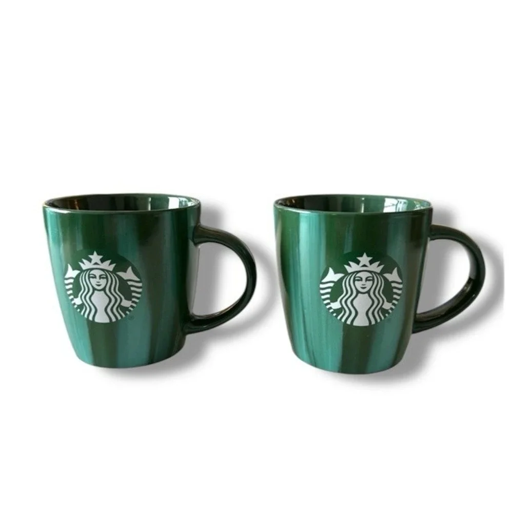 Starbucks 2022 Coffee Mugs Set Of 2 Marbled Green 15 oz Grande Ceramic Mermaid